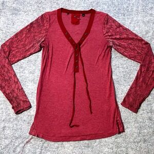 Buffalo XS Burgundy Red Button Up Top Lace Sleeves Womens Grunge Y2K Long Sleeve